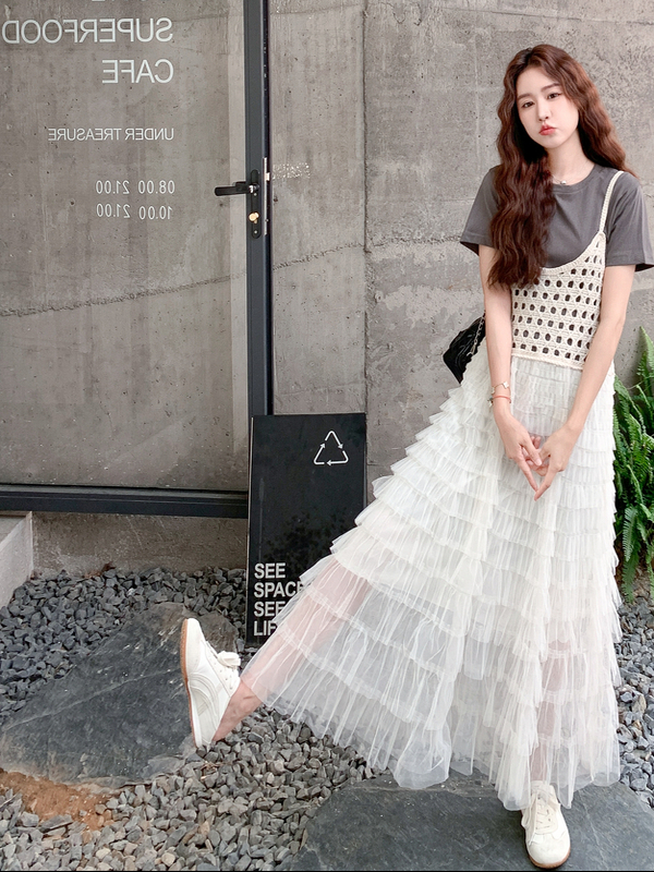White French Lace Hollow-Out Spaghetti Strap Dress for Women - 2025 Summer Romantic Vacation Style, Long Skirt with Youthful Vibe