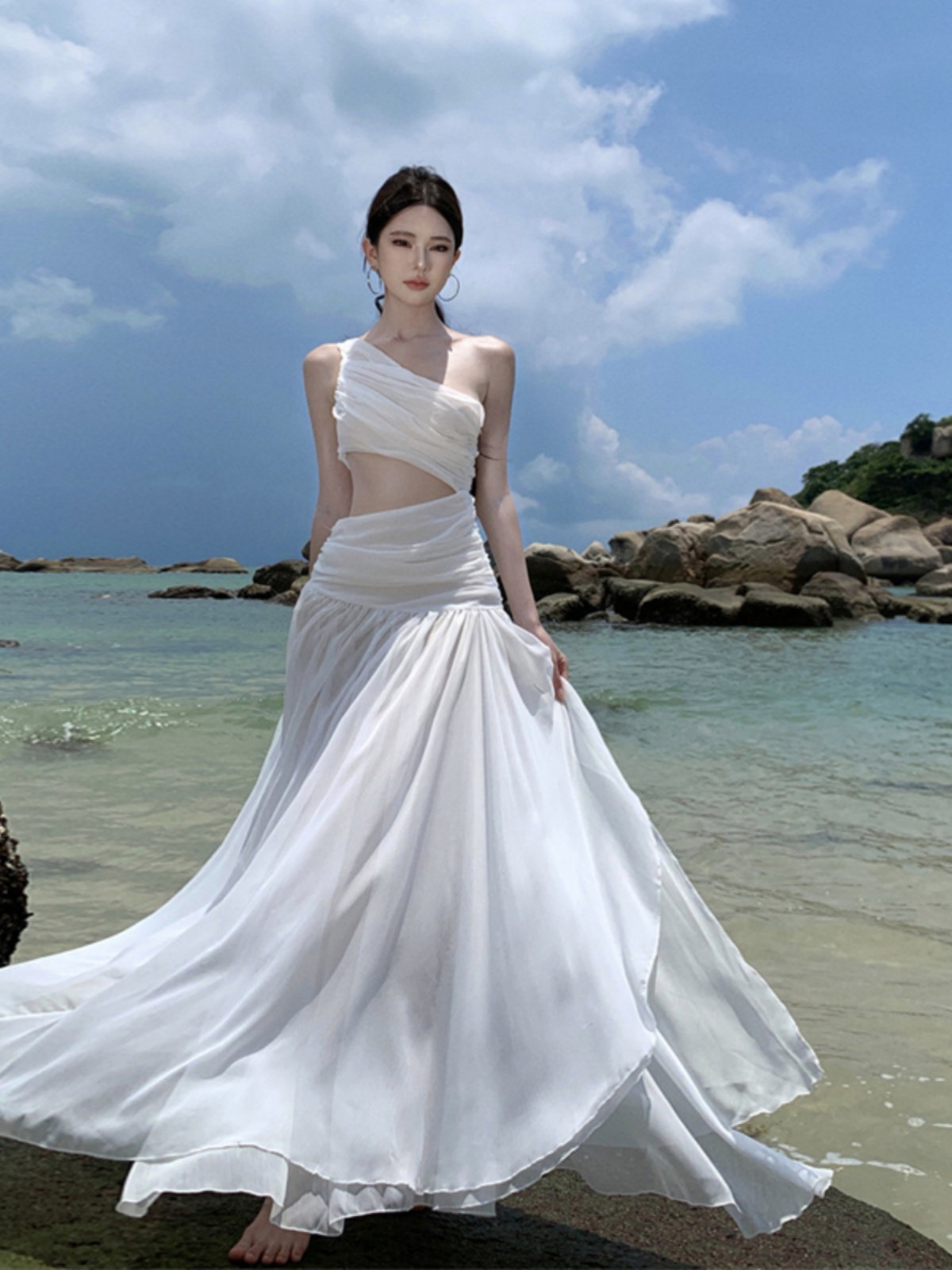 White Off-Shoulder Chiffon Long Dress - Exquisite Big Swing Summer Dress for High-End Seaside Vacation, Fairy Style