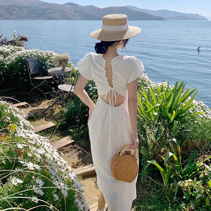 White Puff Sleeve Backless Dress - French Style Waist-Cinching Beach Vacation Dress - Popular Summer 90s Aesthetic