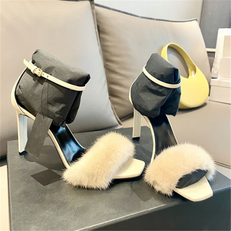 White Square-Toed High-Heeled Sandals for Women with Mink Fur Strap - Elegant Chic 2025 Style, Perfect for Y2K and Fashion-Forward Looks