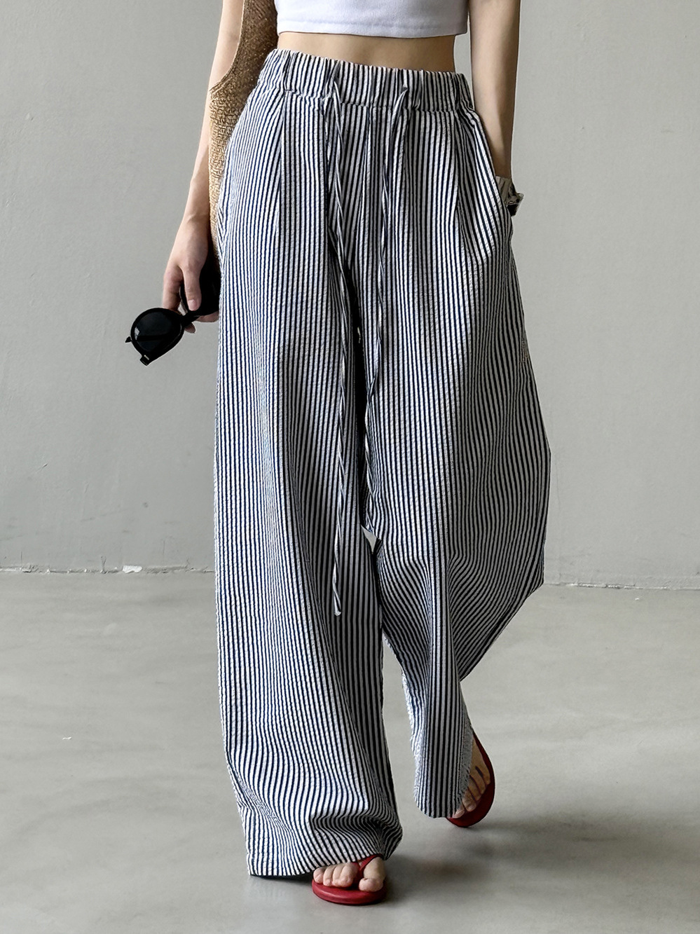Wide-Leg Striped Casual Pants for Women - High-End Draped Fit Summer 2025, Relaxed Old-Money Style