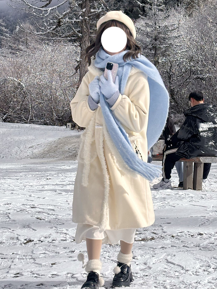 Winter 2025 Women's Loose Coat - Snow Puff Pudding Bear JK Uniform White Cute Long Sweater Overcoat