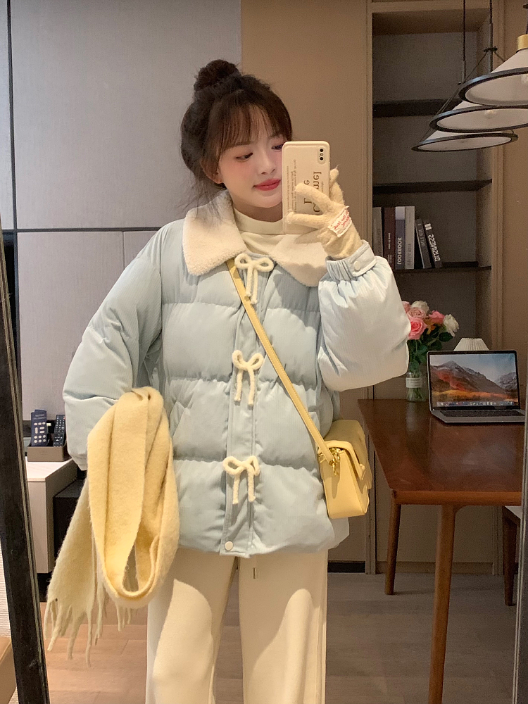 Winter Blue Bow Design Thick Slimming Cotton Jacket for Women - Cozy Chic Outerwear