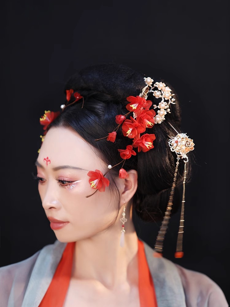 Winter Red Plum Silk Embossed Hanfu Hair Accessories - Ancient Style Hairpin Headpiece & Flower Clip for Tang Ming Bun Decoration