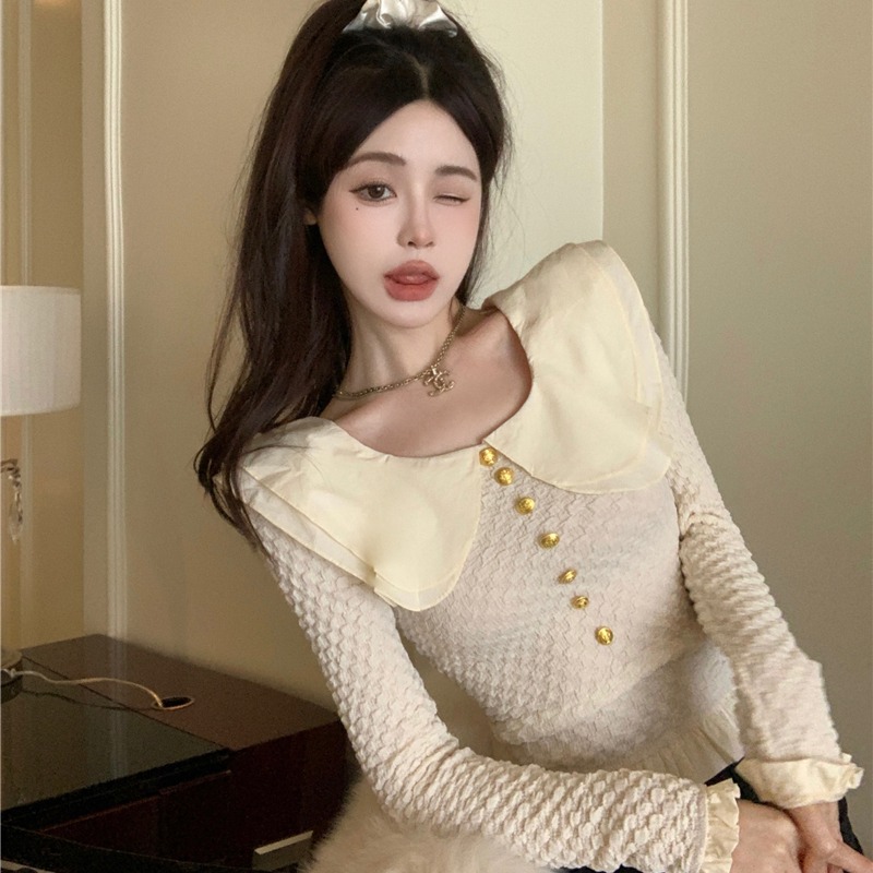 Women's 2025 Spring Doll Collar Knitted Sweater Top, Stylish Slim Fit, Unique Design for Petite, Y2K Fashion