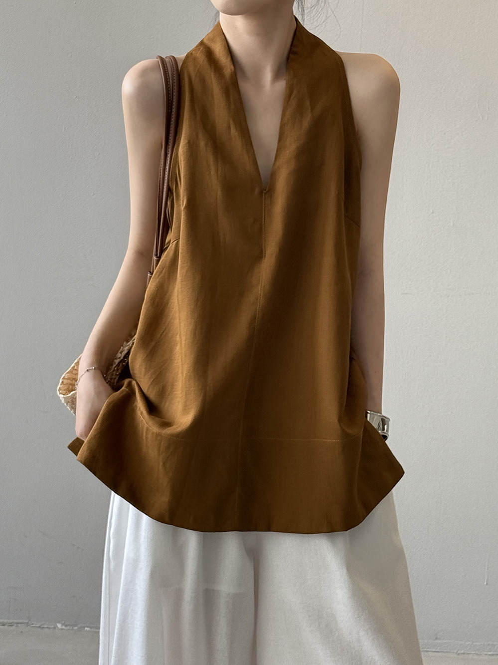 Women's 2025 Summer High-Grade Linen Tencel V-Neck Sleeveless Vest Top - Thin, Breathable Mid-Length Shirt