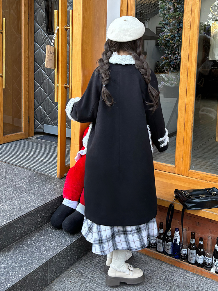 Women's 2025 Winter Mid-Length Black and White Plaid Woolen Coat - Pudding Bear JK Uniform Style