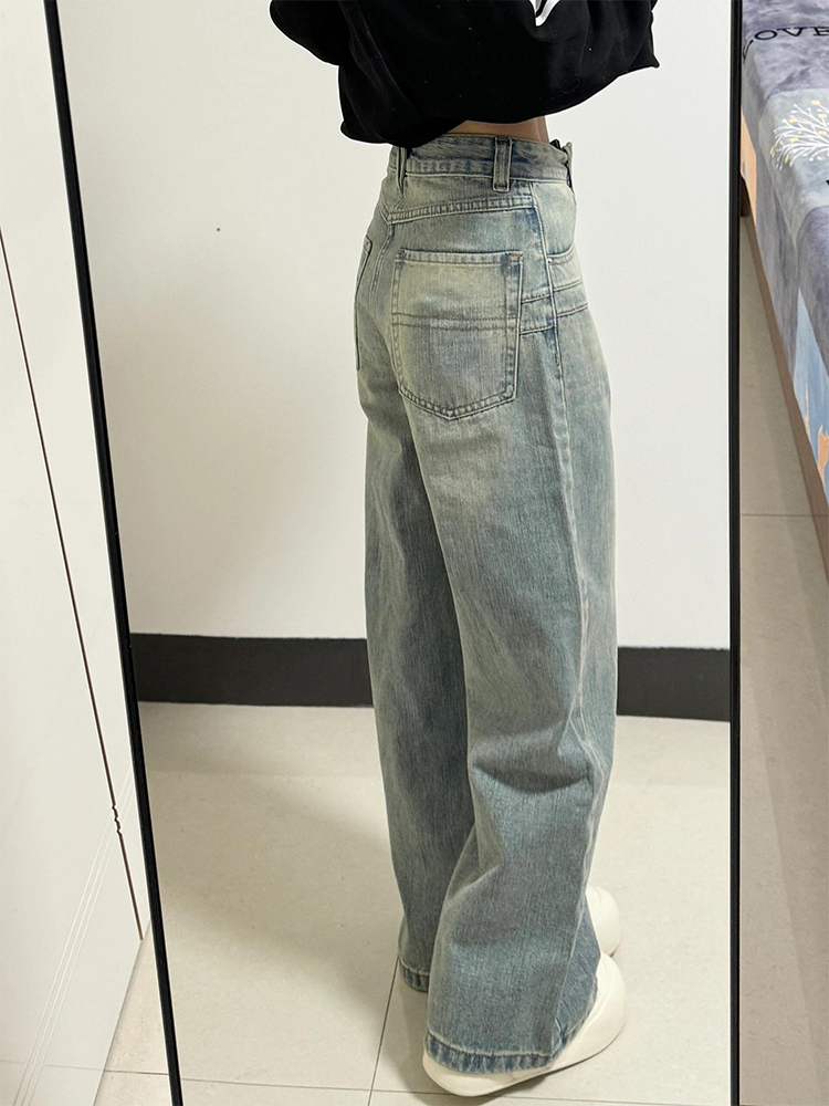 Women's American Retro Wide-Leg Jeans, High-Waisted Loose Straight Pants, Spring/Summer 2025, Slimming Floor-Length Style
