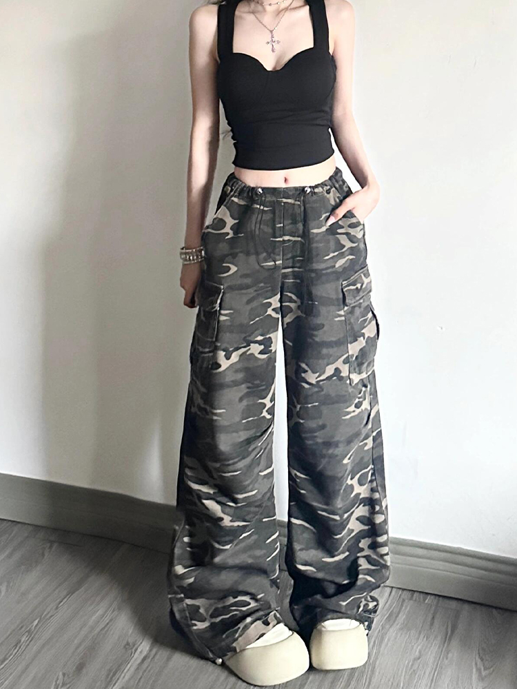 Women's American-Style Camouflage Denim Work Pants, Drawstring Loose Wide-Leg Casual Sports Trousers
