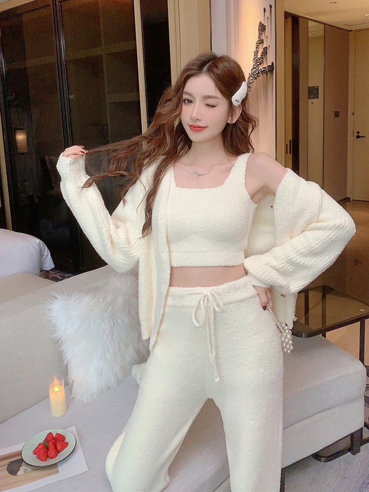 Women's Autumn Winter Thickened Coral Fleece Pajama Set - Sexy Camisole with Chest Pad, Cozy Three-Piece Homewear