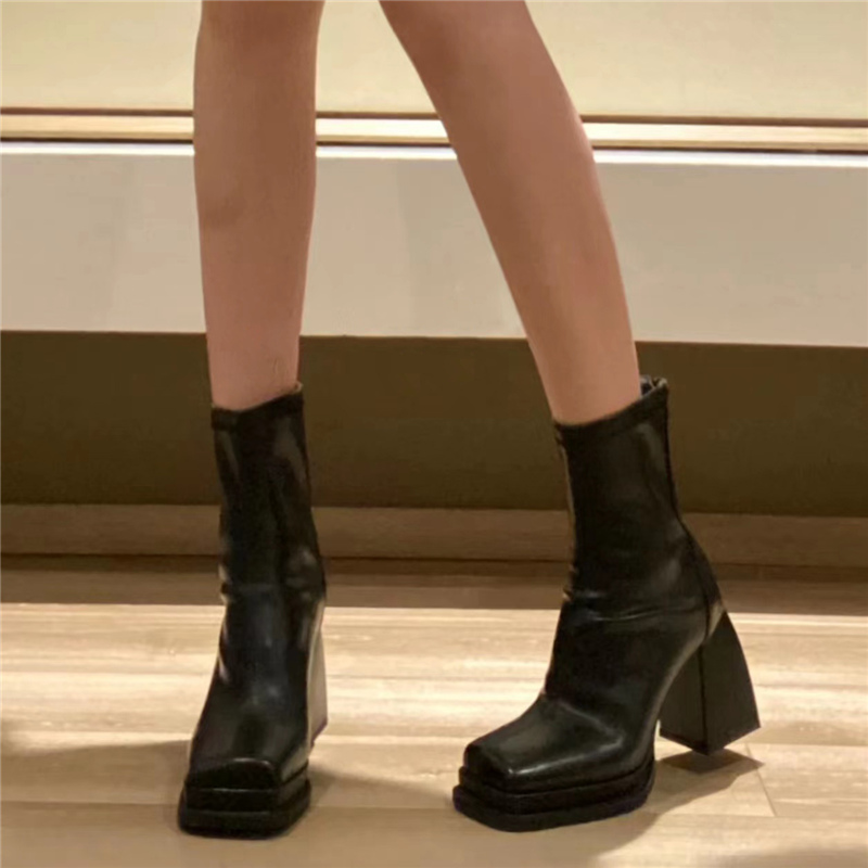 Women's Black Chunky Heel Short Boots - Waterproof Platform Martin Boots with Square Toe & Back Zipper for Autumn/Winter 2025