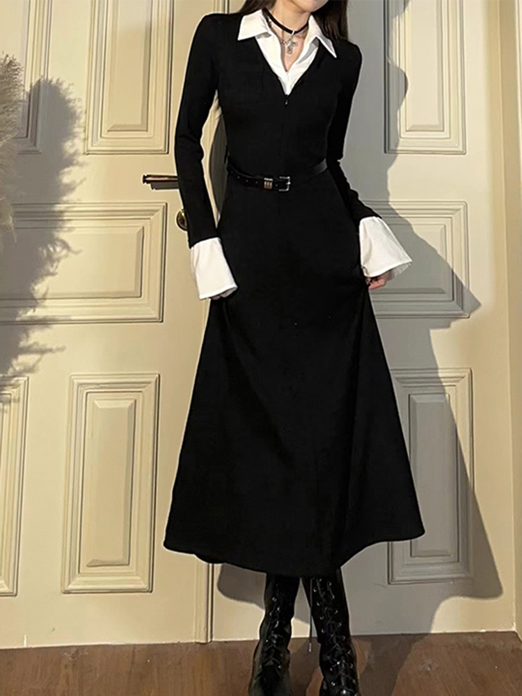 Women's Black Faux Two-Piece Knitted Dress, Long Sleeve A-Line Skirt, Autumn 2025 Fashion, Trendy Niche Style