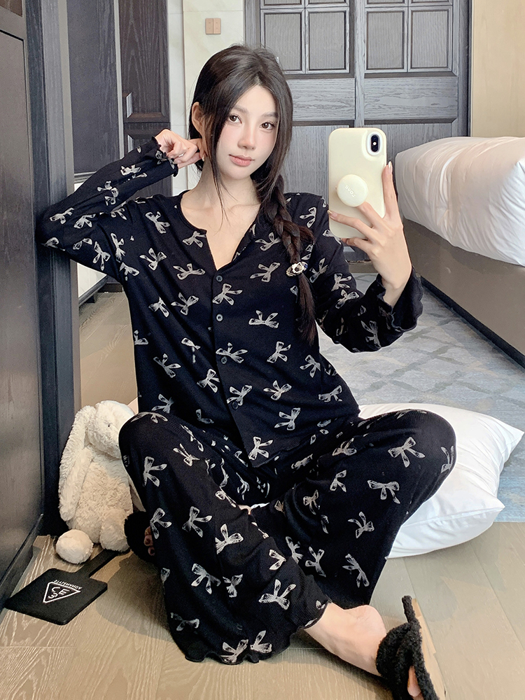 Women's Casual Long Sleeve Pajamas Set - Satin Cotton Bow Tie Loungewear for Spring & Autumn, Chic and Versatile Outfit