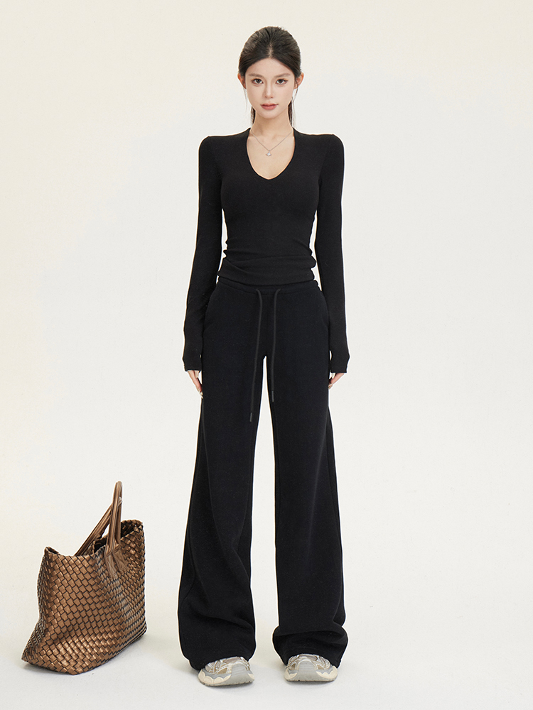 Women's Casual Wide-Leg Fleece Sweatpants with Drawstring - Cozy Autumn and Winter Long Pants for Comfort and Style