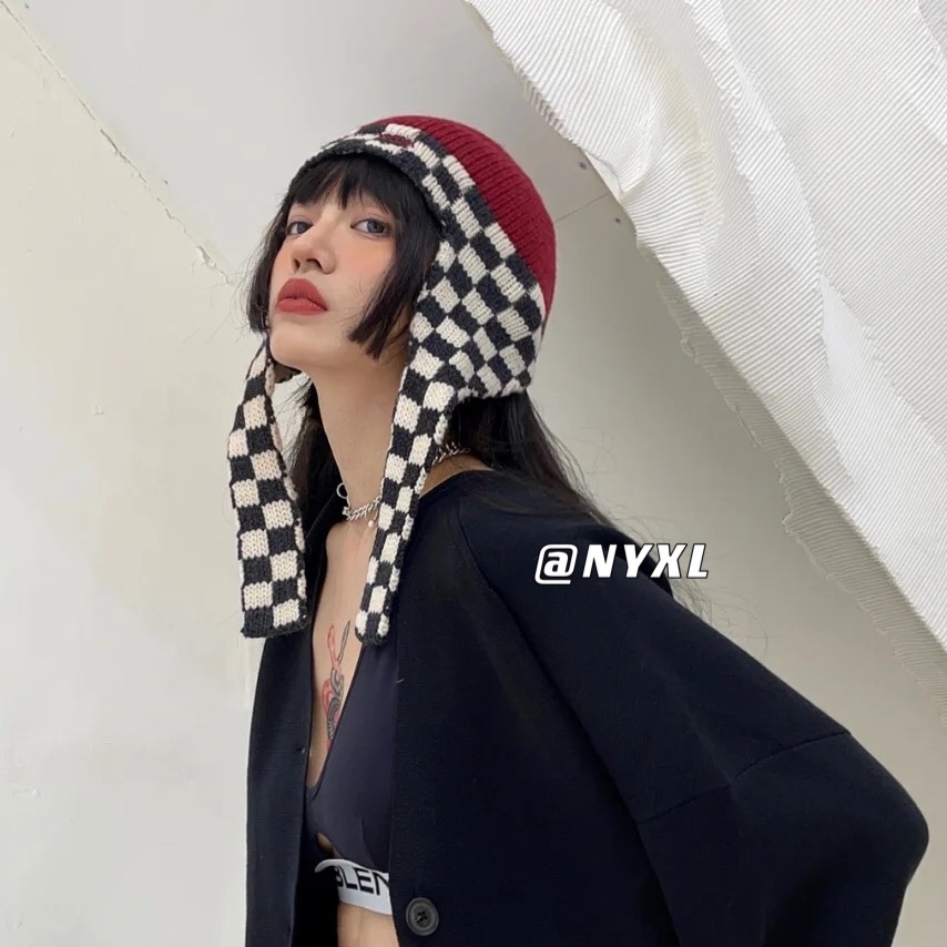 Women's Checkered Knitted Flying Hat - Retro Color-Blocking Wool with Ear Protection for Autumn Winter Fashion