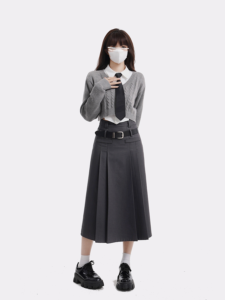 Women's College Style Gray Half Skirt Set - High Waist A-Line Pleated Long Skirt for Spring Fashion