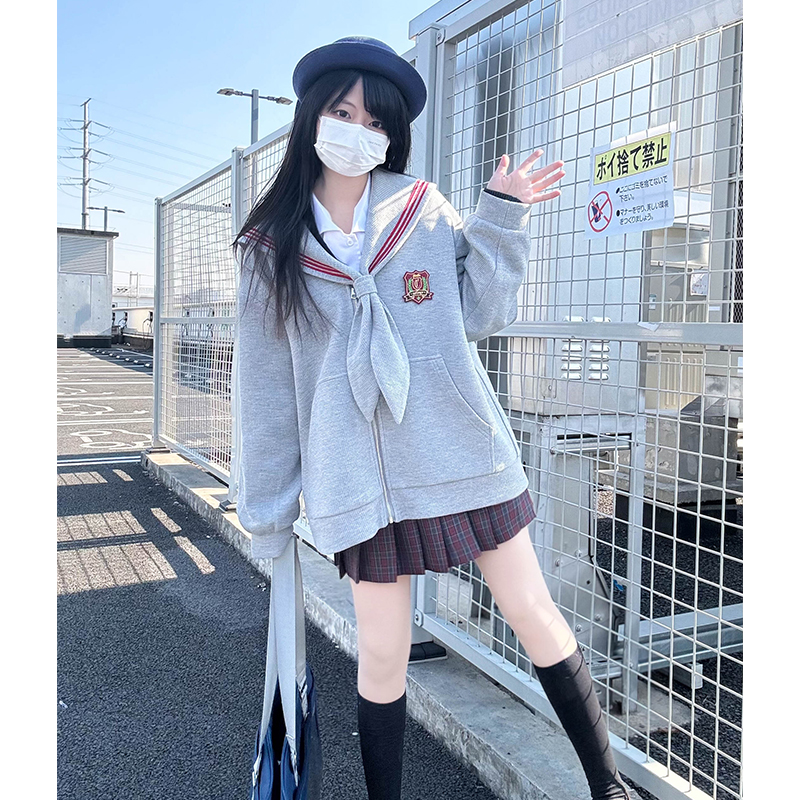 Women's College Style Navy Collar Zipper Hoodie with Pudding Bear Design, Loose Fit Long Sleeve Cardigan, JK Uniform Inspired Fashion