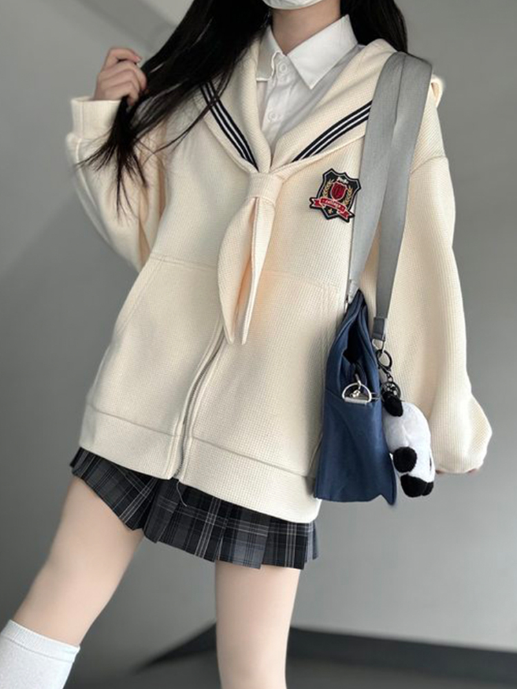 Women's College Style Navy Collar Zipper Hoodie with Pudding Bear Design, Loose Fit Long Sleeve Cardigan, JK Uniform Inspired Fashion