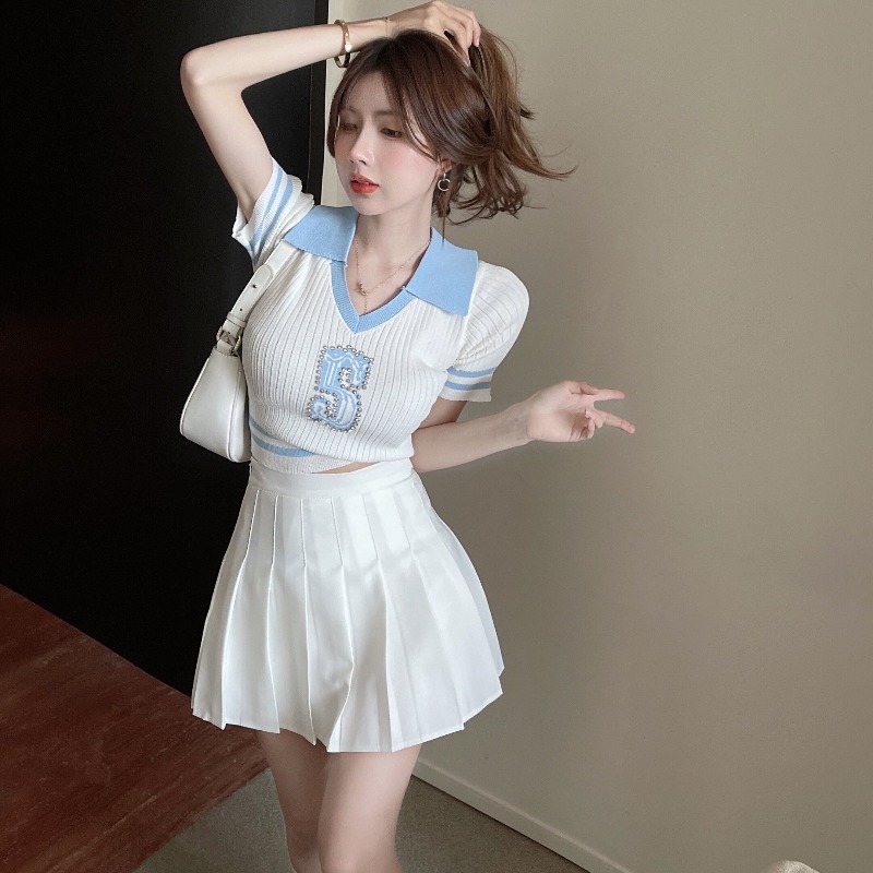 Women's College Style Pleated Skirt Suit Set - High-End Milk Salt System, Hong Kong Style Two-Piece Summer Outfit