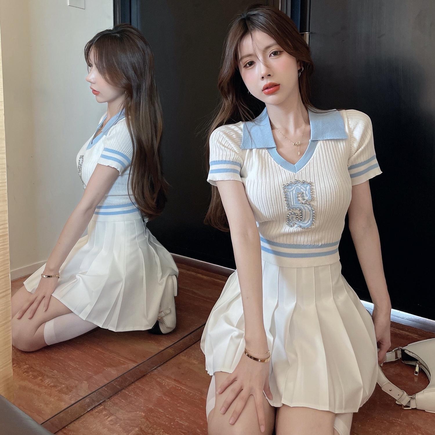 Women's College Style Pleated Skirt Suit Set - High-End Milk Salt System, Hong Kong Style Two-Piece Summer Outfit