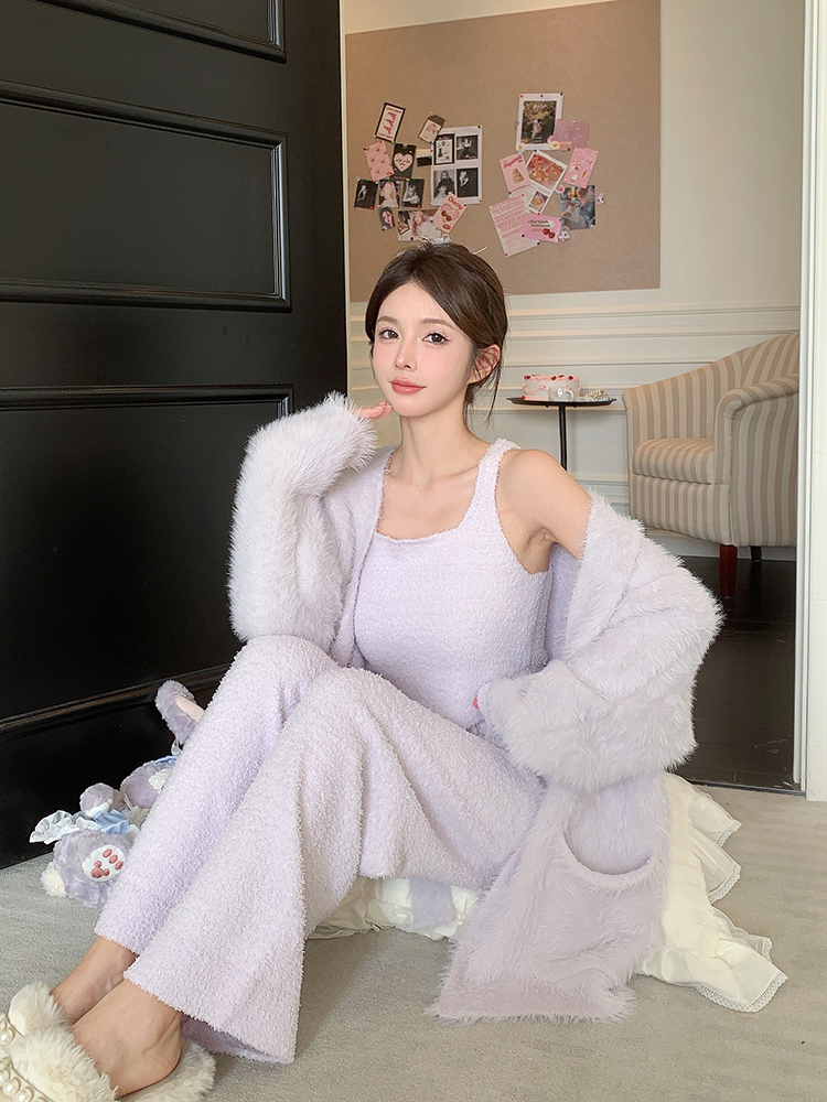 Women's Coral Fleece Thickened Three-Piece Pajamas Vest Set for Autumn Winter, Versatile Loungewear for Cozy Outdoor Wear
