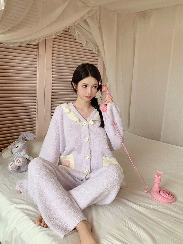 Women's Coral Fleece Tulip Pajamas Set - Thickened Warm Autumn Winter Homewear for Cozy Outdoor Wear
