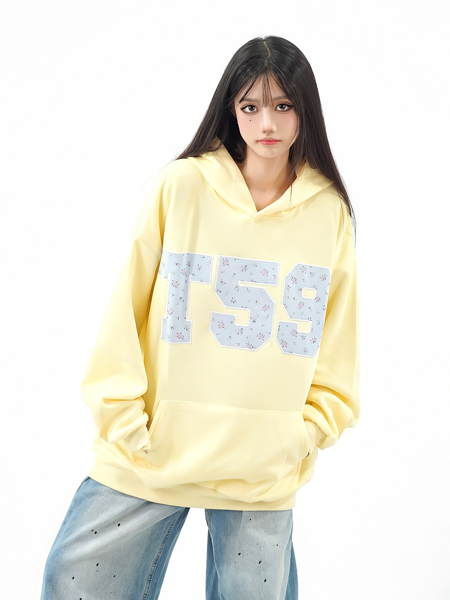 Women's Floral Patch Embroidery Hoodie - Loose Fit, Casual Autumn Sweatshirt, Trendy Amoeba Design