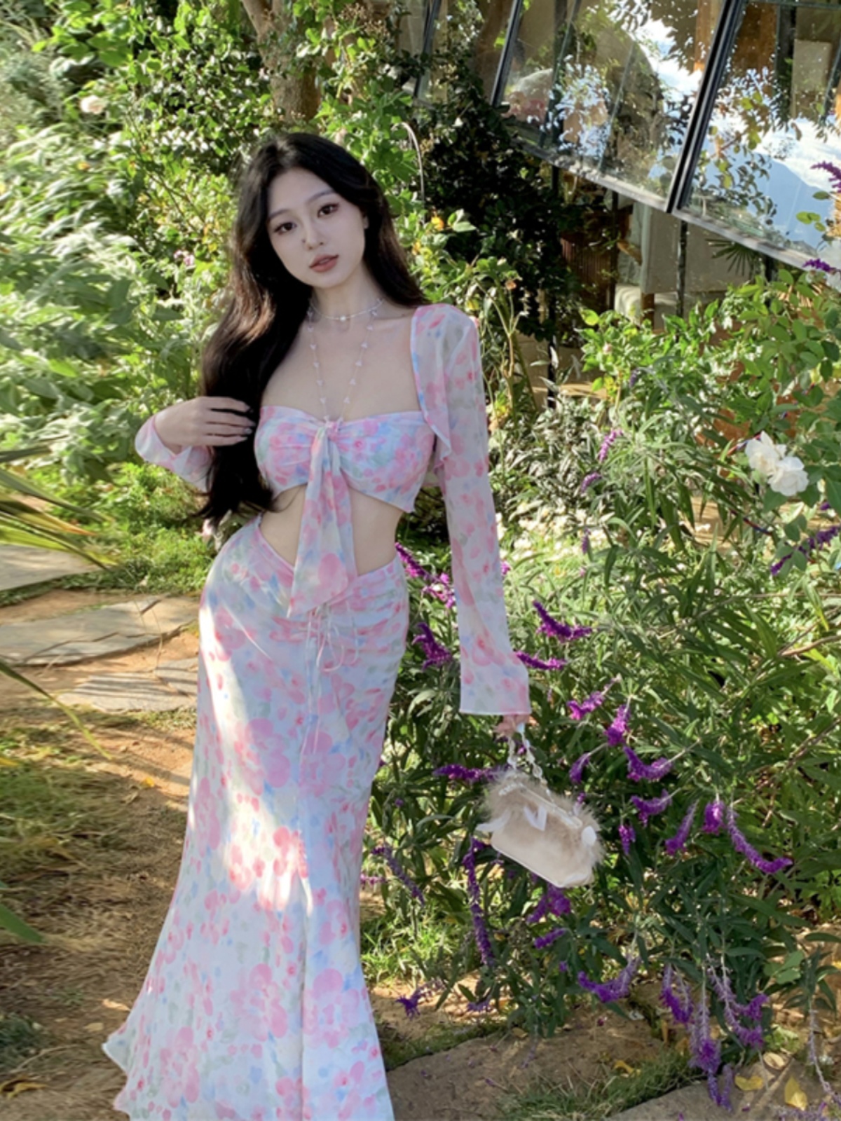 Women's Floral Two-Piece Long Dress Set - Summer Vacation Outfit for Beach, Seaside, Bali, Thailand - Perfect for 90s and Y2K Styles