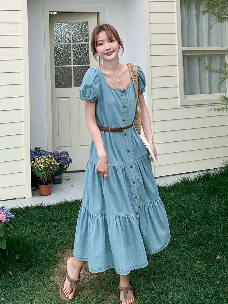 Women's French Puff Sleeve Denim Dress - Retro Sweet Waist-Cinching A-Line Long Skirt for Summer 2025, Y2K Trend