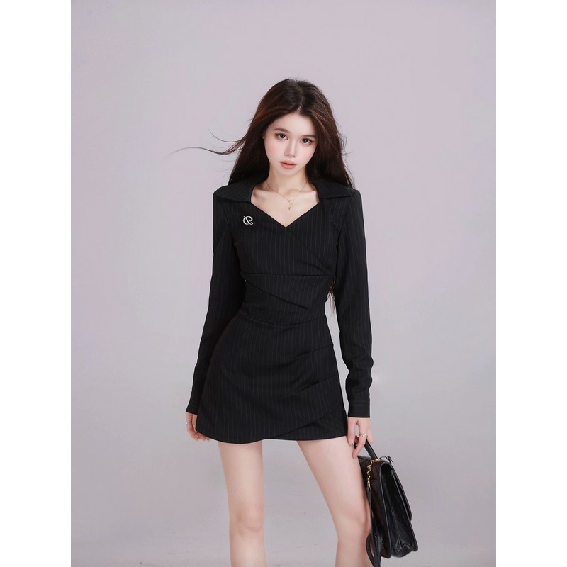 Women's French-Style Black Long Sleeve Dress - Elegant V-Neck, Waist-Cinching Design, Short Skirt, Spring Fashion 2025