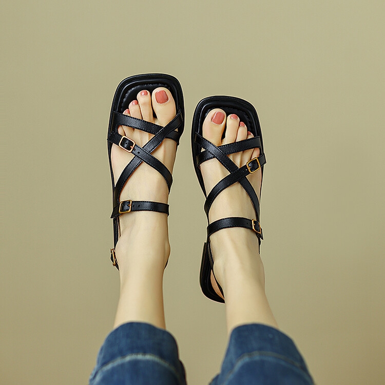 Women's Genuine Leather Cross Strap Flat Sandals, Open-Toe Roman Style Beach Shoes, Versatile Summer 2025 Footwear, Sizes 41-43