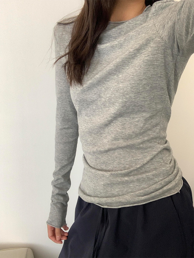 Women's Gray Slim Fit Cropped T-Shirt - Round Neck, Long Sleeve, Summer Style, Trendy Casual Top