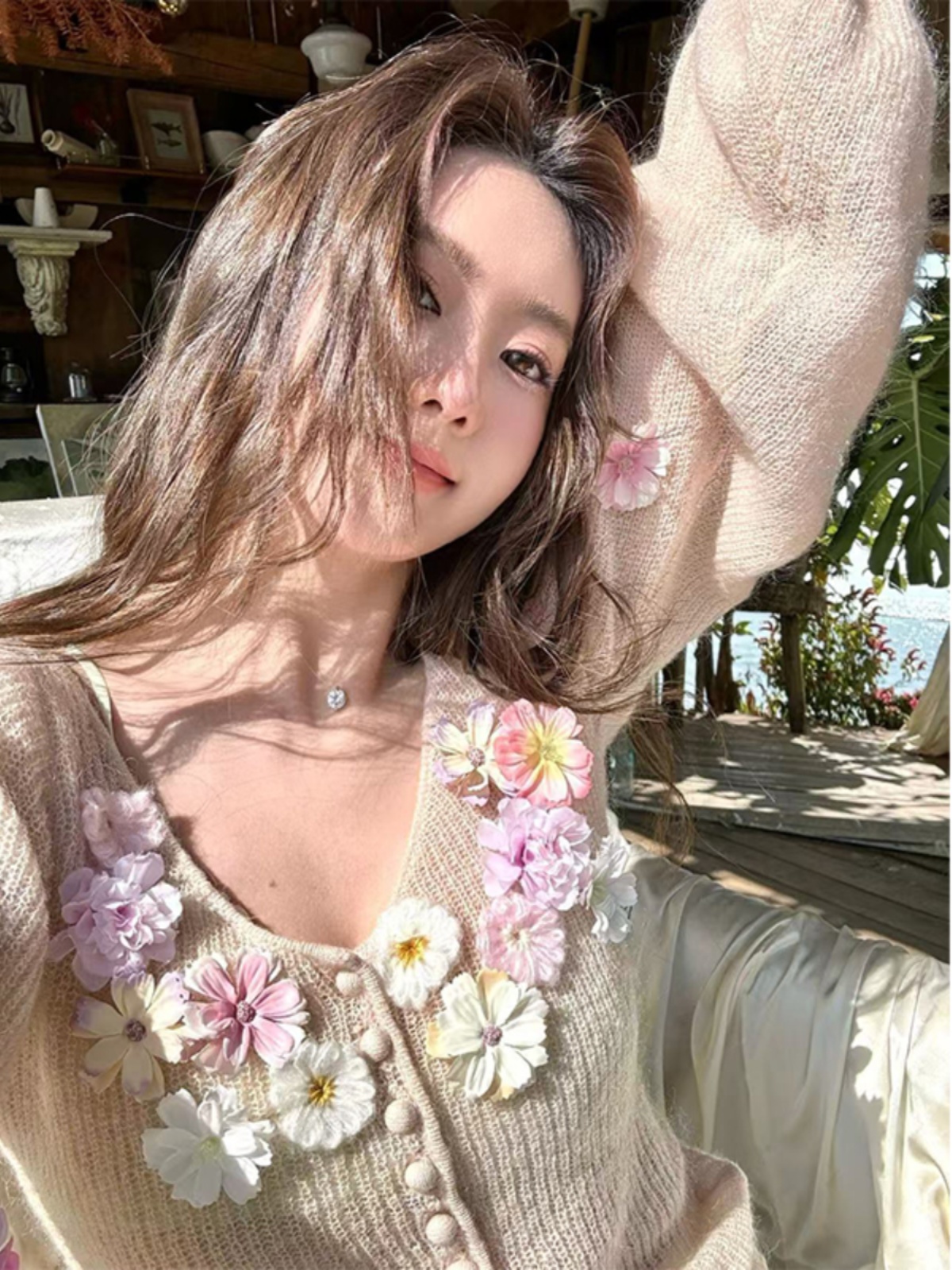 Women's Handmade Floral Long Sleeve Knitted Cardigan - Flared Sleeve Sweater Coat for Y2K and Korean Style Fashion