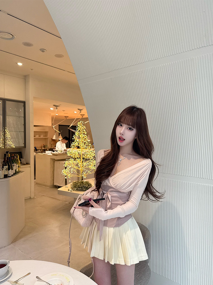 Women's High-End Spliced Tie Long Sleeve V-Neck T-Shirt - Ballet & Socialite Style, Waist-Defined Design