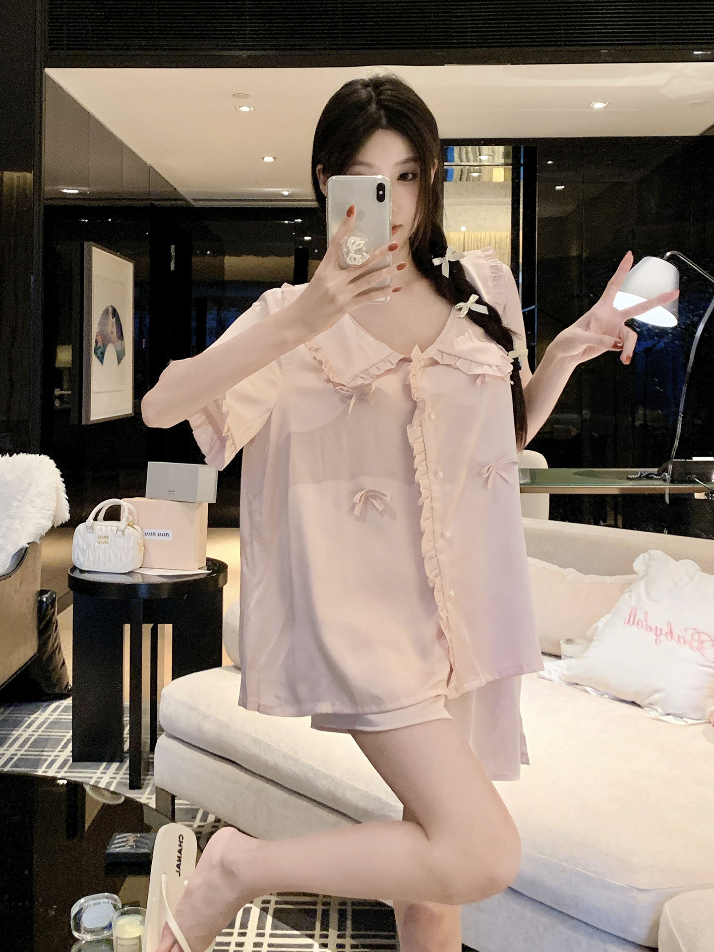 Women's Ice Silk Pajamas Set with Bow Tie - Short Sleeve and Shorts for Spring/Summer Homewear & Casual Outfits