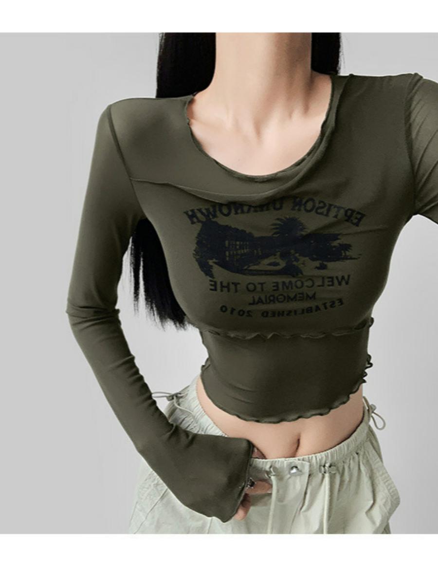 Women's Irregular Long-Sleeve T-Shirt, Slim-Fit Mesh Layer, Flattering Cover-Up for Early Autumn 2025, Trendy and Lightweight