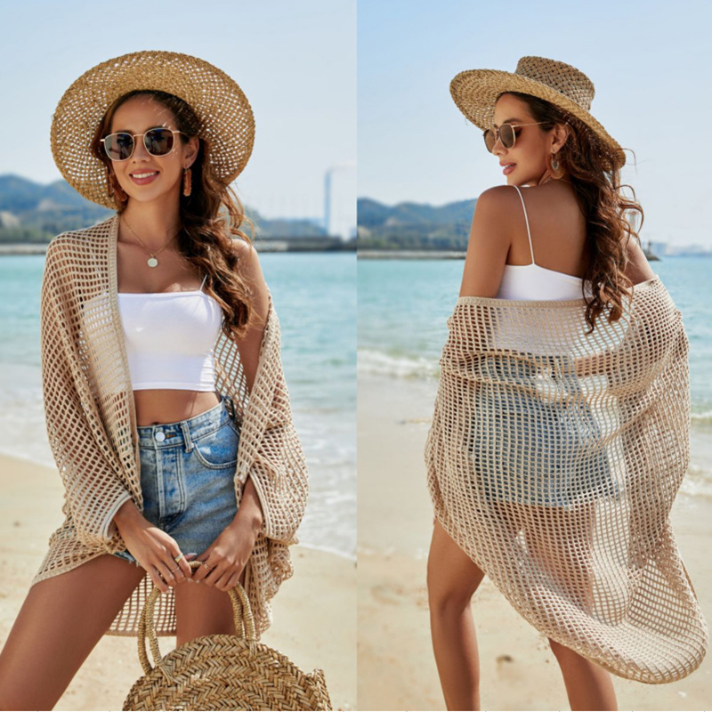 Women's Knitted Bikini Cover-Up Cardigan Shawl - Hollow Beach Seaside Sun Protection for European and American Vacations