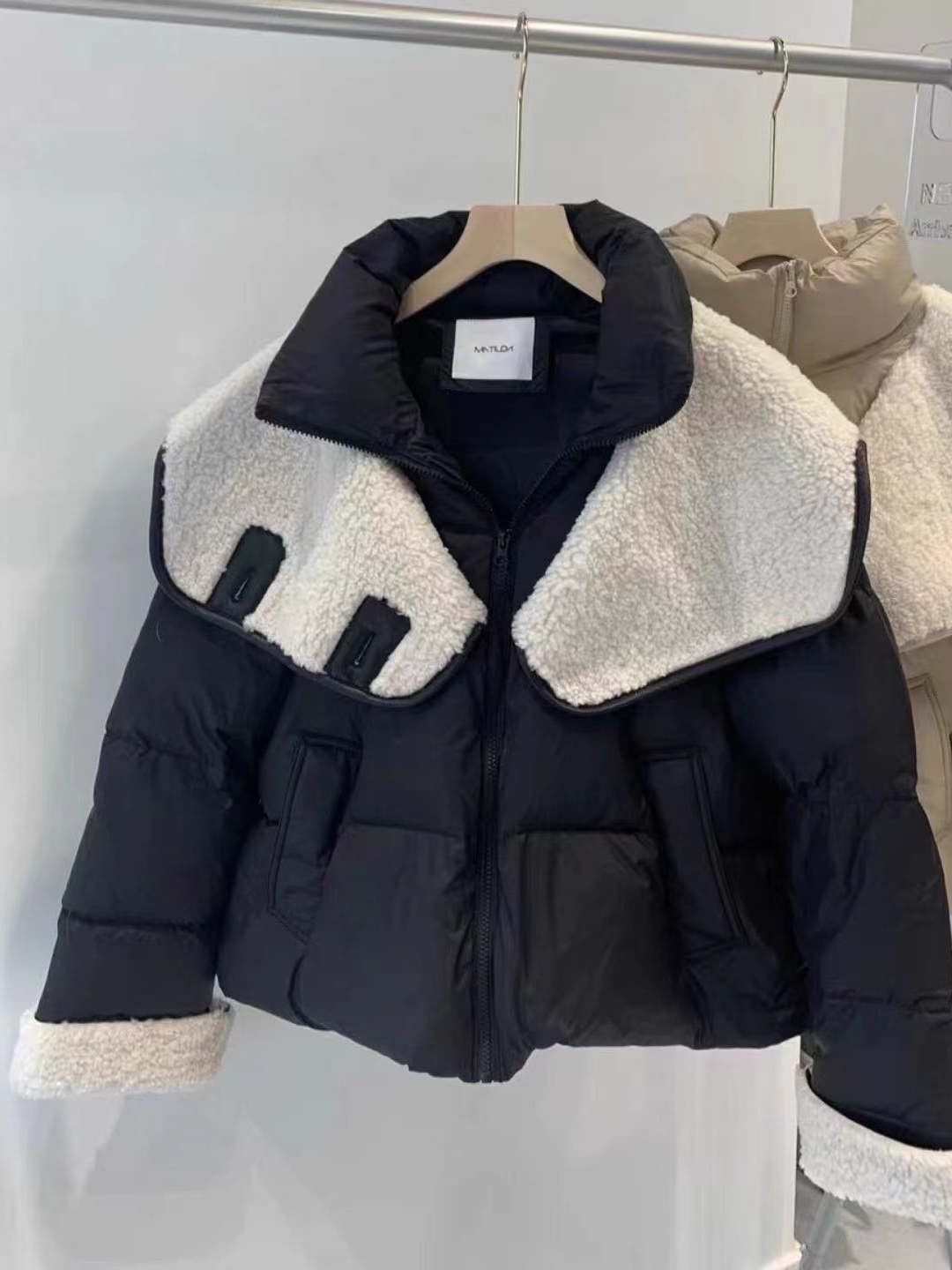 Women's Korean Style Spliced Lamb Wool Short Down Jacket - 80% Duck Down Autumn Winter Fashion Outerwear