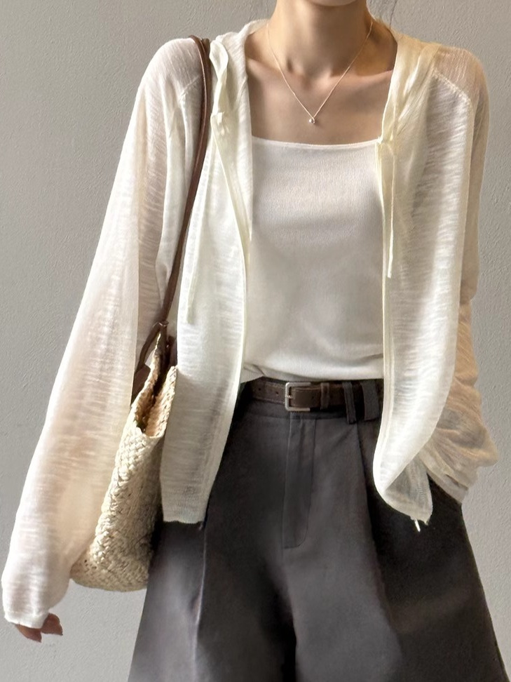 Women's Lightweight Knitted Hooded Sun Protection Shirt - Loose Summer Cardigan Top for 2025, Perfect for Casual Outings