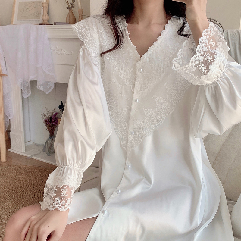 Women's Long Sleeve Lace Nightgown, Sexy Ice Silk Mid-Length Pajamas, Japanese Style Spring Autumn Sleepwear, Lightweight White