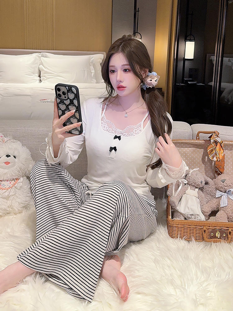 Women's Long-Sleeve Modal Cotton Pajama Set with Chest Pads and Striped Lace, Cozy Spring and Autumn Homewear 2025.