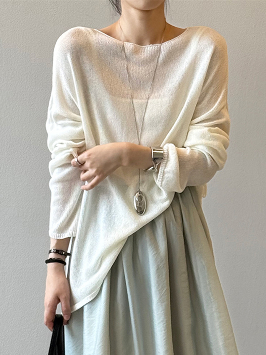 Women's Loose-Fit Knitted Sweater - Thin Linen Blend, Long Sleeve Round Neck, 2025 Summer Sun Protection Cover-Up