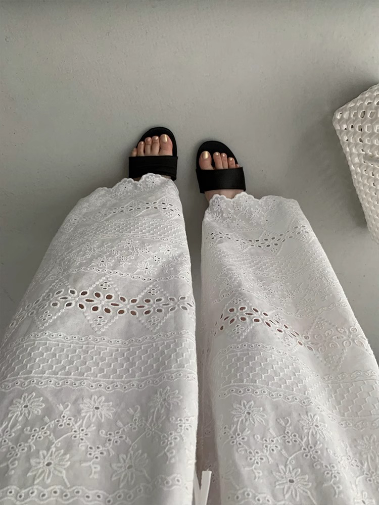 Women's Loose-Fitting Wide-Leg Pants with Elastic Waist, Hollow-Out Design, Slimming Versatile Trousers for Summer 2025