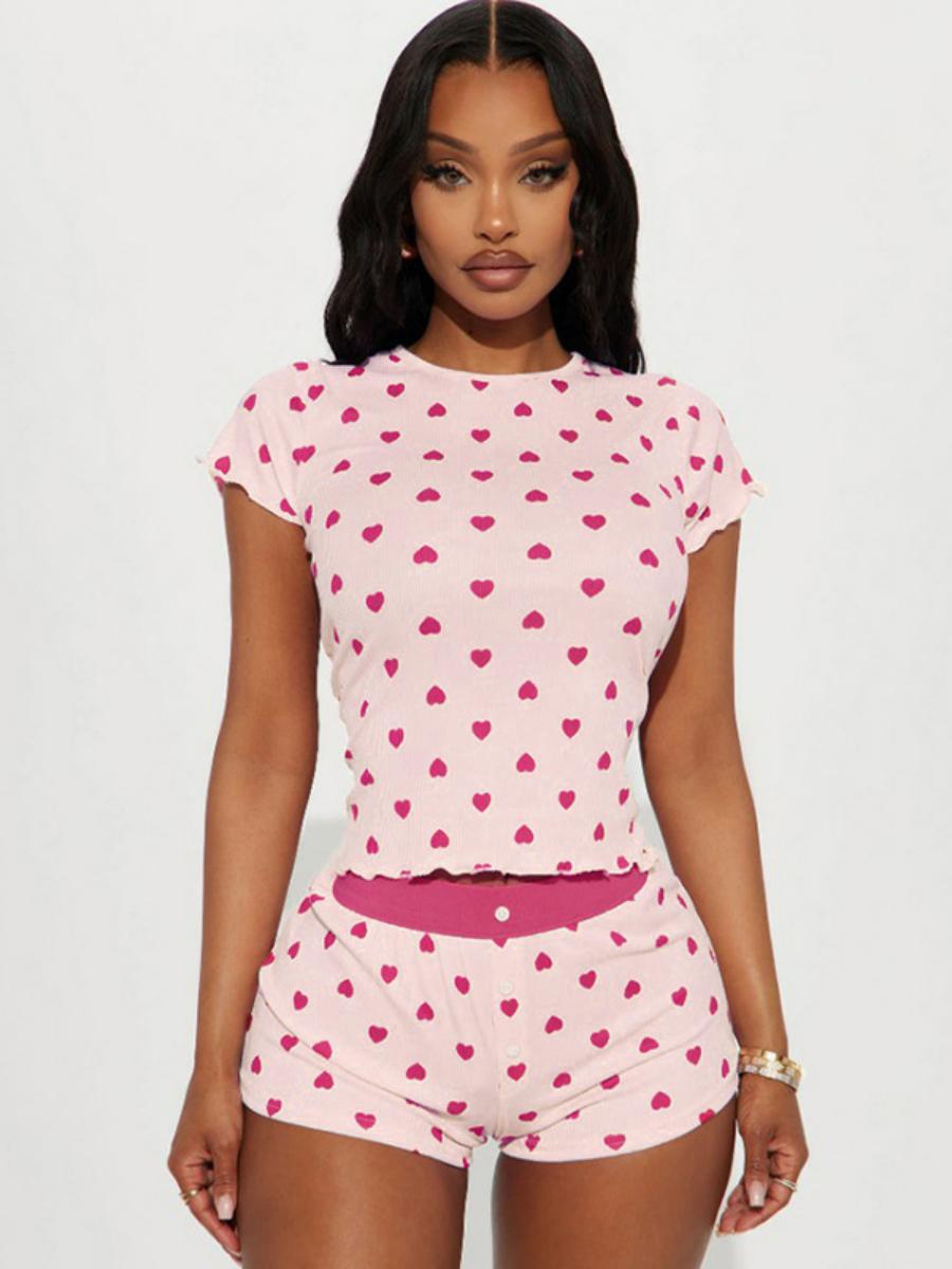 Women's Love Heart Print Short Sleeve Pajamas Set - Casual Two-Piece Homewear Outfit in European American Style