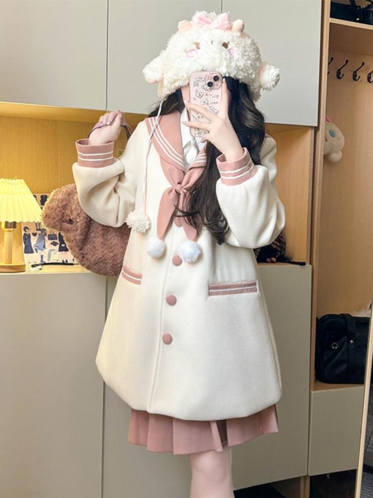 Women's Pink and White Woolen JK Uniform Set with Navy Collar - Cute Autumn Winter Top for Best Friends Fashion