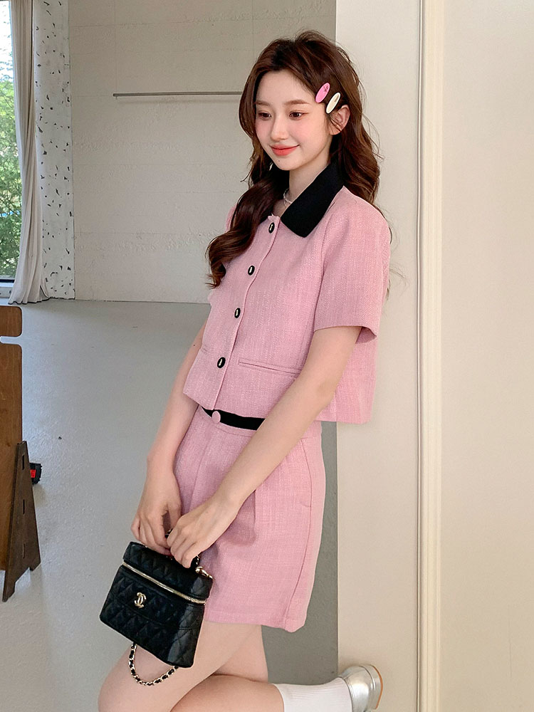Women's Pink Color-Blocking Two-Piece Set - Summer 2025 Short Sleeve Top and Shorts for Petite Sizes, Trendy Casual Fashion