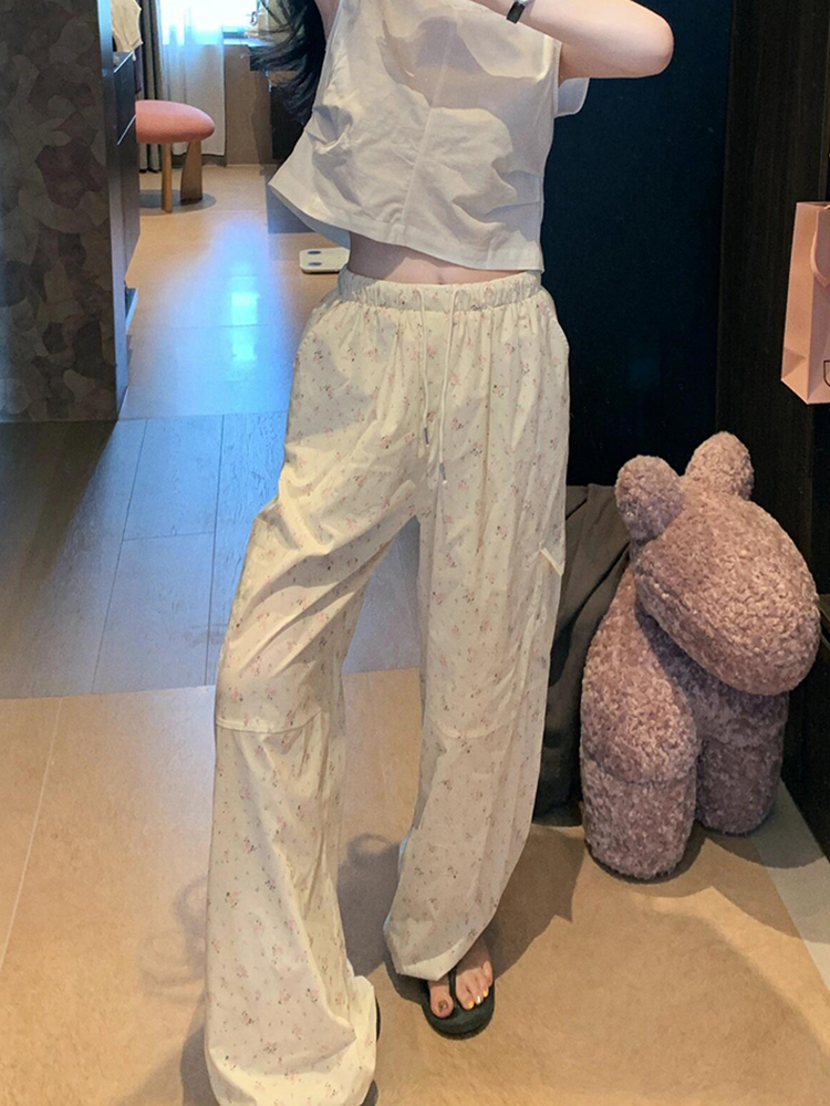 Women's Pink Floral Wide-Leg Pants - Casual High-Waisted Trousers for Summer 2025, Loose Fit, Floor-Length Style