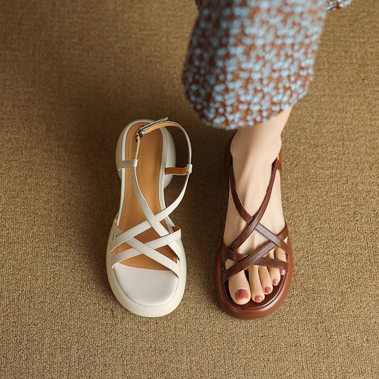 Women's Platform Thick-Soled Sandals with Cross Straps, Chunky Heels, Open-Toe Genuine Leather, Summer 2025 Fashion