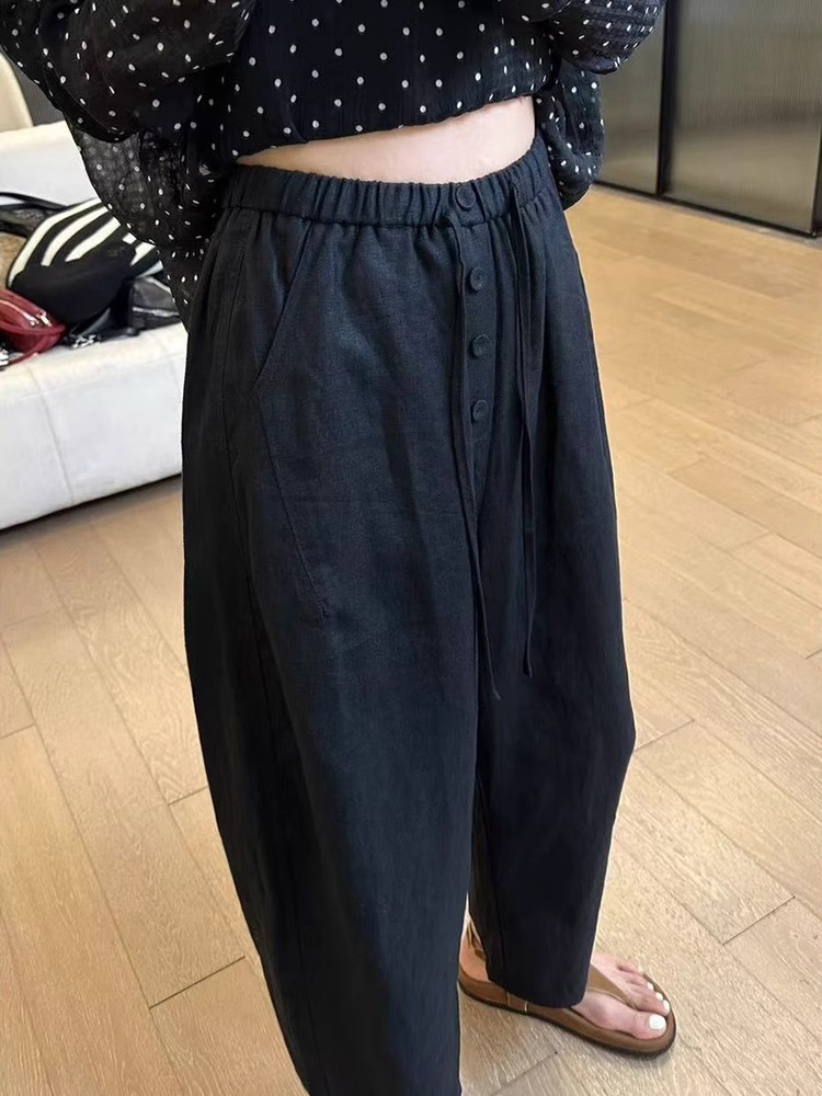 Women's Plus-Size Lightweight High-Waisted Casual Summer Pants, Drawstring Wide-Leg, Nine-Point Length for Pear-Shaped Figures