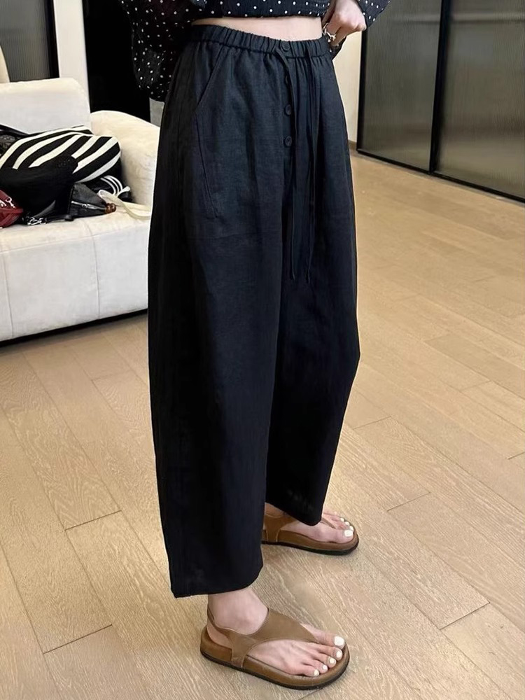 Women's Plus-Size Lightweight High-Waisted Casual Summer Pants, Drawstring Wide-Leg, Nine-Point Length for Pear-Shaped Figures
